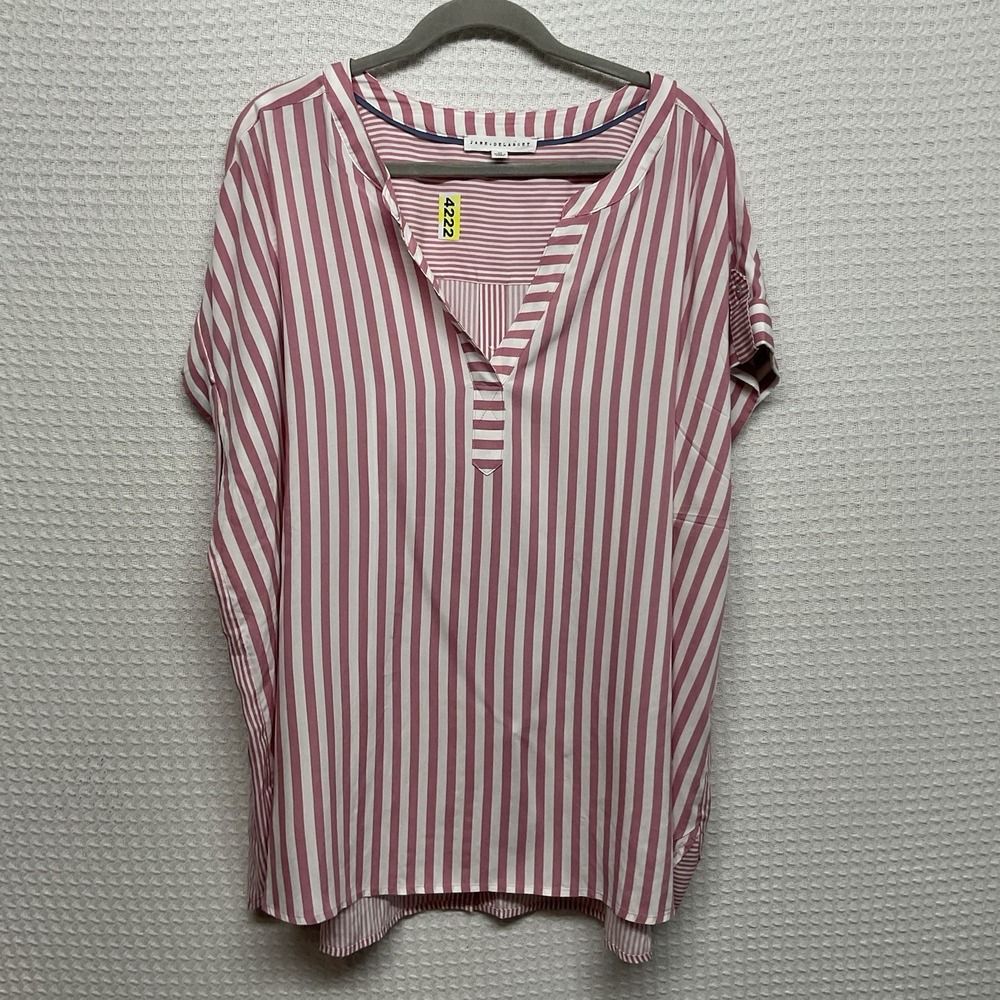 Jane + Delancey Split VNeck Roll Tab Button Back Stripe Tunic in Pink & White 2X